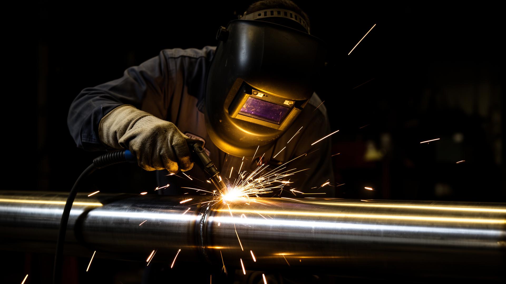 Welder performing precision TIG weld on stainless steel pipe